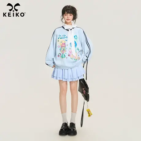 KEIKO 少女风涂鸦印花拼色V领卫衣女2025秋日多巴胺运动休闲上衣图片