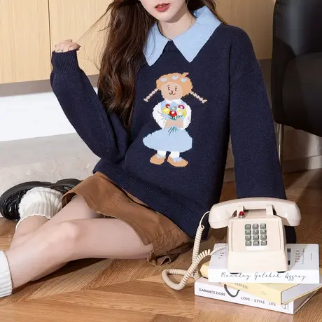 唐狮秋冬季毛衣女超好看趣味图案设计撞色翻领套头慵懒高级感TM图片