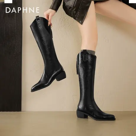 达芙妮加绒长筒靴子女2025新款爆款冬季尖头骑士靴黑色粗跟瘦瘦靴商品大图