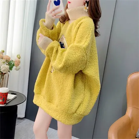 羊羔毛刺绣卡通高领卫衣外套女秋冬2022年新款宽松慵懒风加绒上衣商品大图