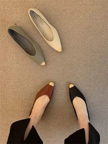 真皮尖头豆豆鞋女秋季2023新款法式小香风浅口软底平底单鞋奶奶鞋商品大图