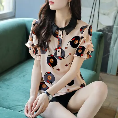 宝诗黎新款夏季花边袖印花雪纺衫女宽松短袖气质小衫2023百搭上衣图片