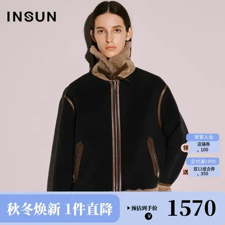 恩裳COVER2023冬装新款皮条撞色装饰拼接翻领颗粒绒短毛呢外套女图片