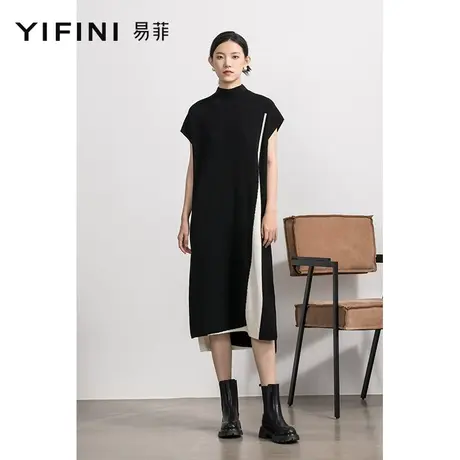 Yifini/易菲无袖中长款宽松针织裙女2023春季新款立领直筒连衣裙图片