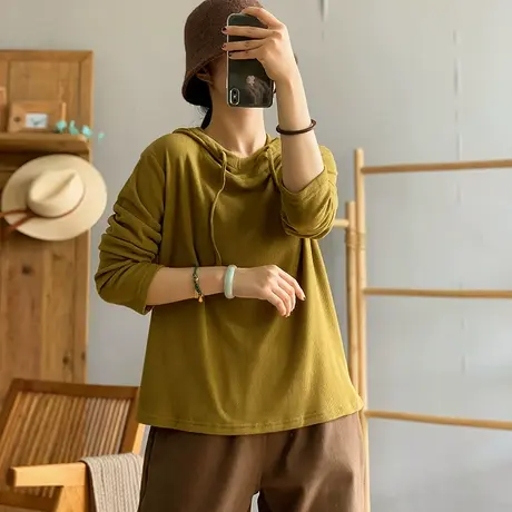 dza复古纯色全棉连帽针织T恤女秋冬漂亮内搭打底衫宽松休闲短上衣商品大图