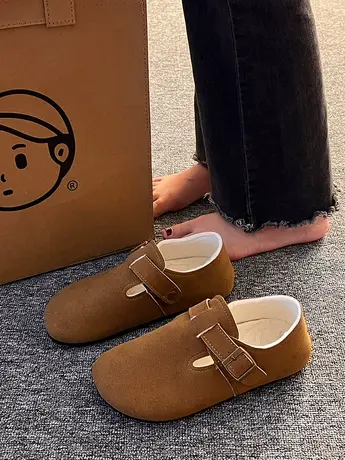 复古加绒豆豆鞋女2023年秋冬新款懒人一脚蹬软底休闲孕妇博肯棉鞋商品大图