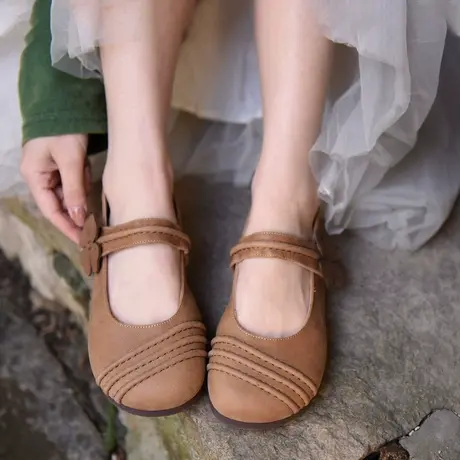 Artmu阿木原创复古真皮一字带单鞋花朵平底软底浅口玛丽珍鞋新款商品大图