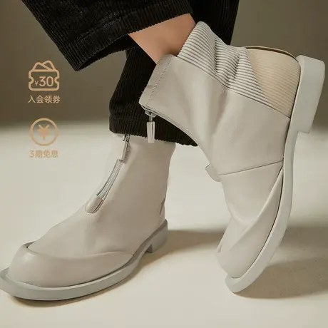 素人SUREN 2021春秋新款原创时尚短筒靴子女真皮套脚平底短靴 217图片