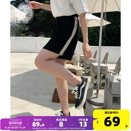 yoe夏装黑色撞边休闲裤短裤女运动裤小个子松紧腰宽松裤子五分裤图片