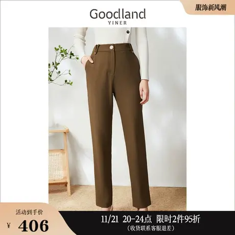 Goodland美地女装2023春季气质V型带袢高腰直筒垂感休闲裤商品大图