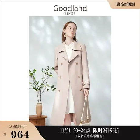 【抗皱】Goodland美地女装2023春秋复古英伦风长款风衣外套商品大图