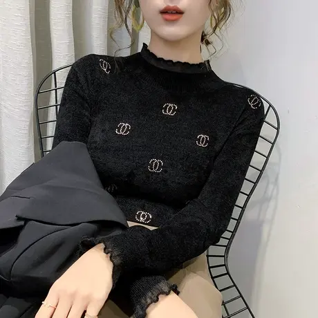 天鹅绒女士毛衣女春装2023新款黑色打底衫长袖百搭洋气内搭上衣商品大图