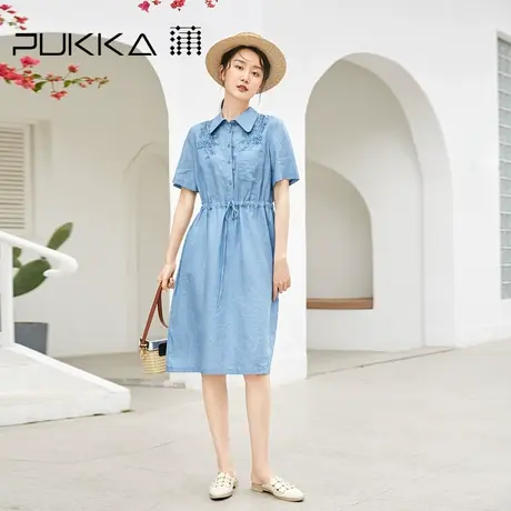 蒲PUKKA商场同款苎麻连衣裙夏季新款时尚绣花高腰中长裙女图片