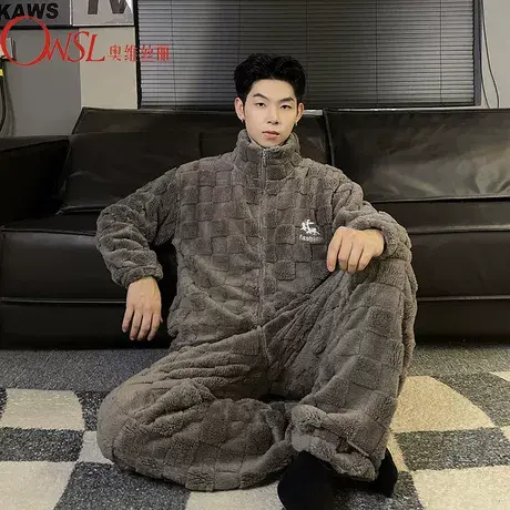 睡衣男珊瑚绒秋冬季加绒加厚男士拉链保暖法兰绒家居服套商品大图