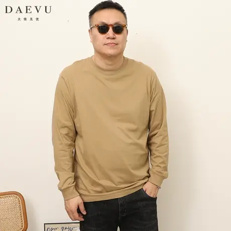 DAEVU秋春新款卡其色大号日韩系潮胖子加肥加大码男款圆领长袖T恤商品大图