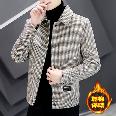 羊毛呢子外套男士秋冬季保暖短款毛呢格子大衣冬装加棉加厚夹克绒商品大图