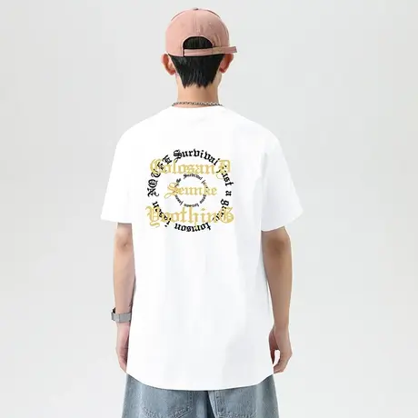 重磅纯棉白色t恤男士短袖宽松圆领上衣服夏季半袖美式全棉打底衫商品大图