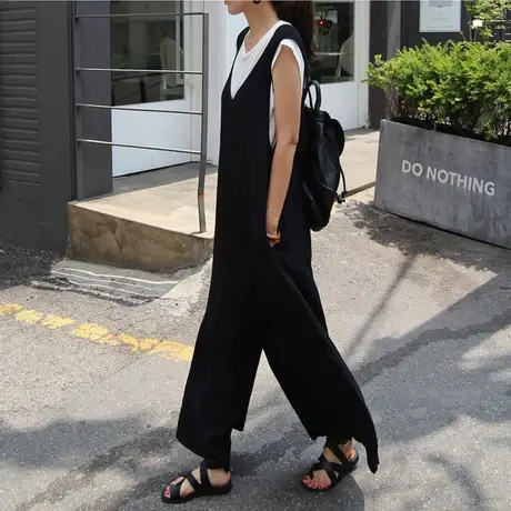 2017夏装新款背带裤女宽松大码阔腿连体裤裙学生休闲棉麻九分裤潮图片