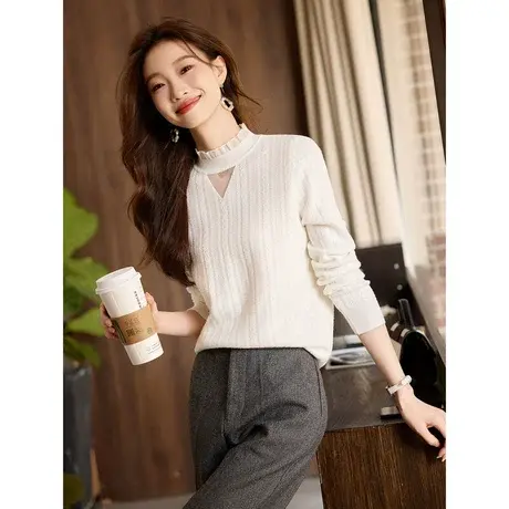 时尚气质毛衣2023年冬季新款女镂空花边领百搭针织套头内搭上衣商品大图