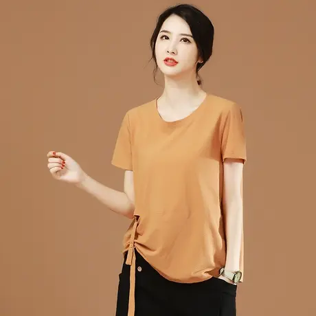 韩潮袭人纯色圆领T恤短袖别致女装2021新款潮百搭显瘦上衣设计感商品大图