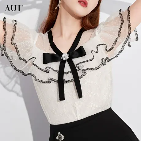 AUI白色荷叶边雪纺衫女2023夏季新款名媛气质设计感小众修身上衣图片