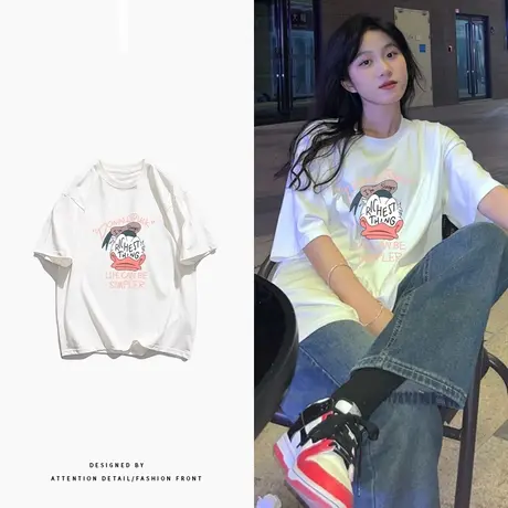 美式复古短袖t恤女2023年夏季新款情侣装宽松大码印花纯棉上衣潮商品大图