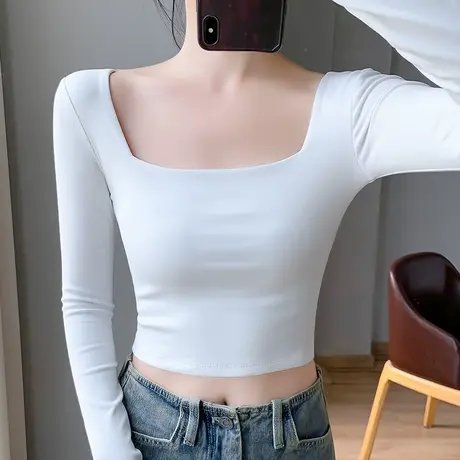 打底衫方领短款长袖t恤女纯棉2025新款春秋百搭显瘦正肩辣妹上衣商品大图