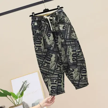 复古印花七分牛仔哈伦裤女夏季薄款文艺拼接萝卜裤宽松大码八分裤商品大图