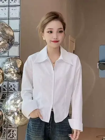 白色双拉链衬衫女春秋冬短款收腰内搭衬衣不规则棉质polo翻领上衣商品大图