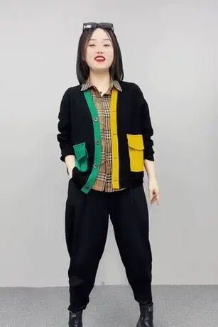 2023春秋新款欧货撞色排扣大口袋休闲外套女韩版百搭洋气开衫上衣商品大图