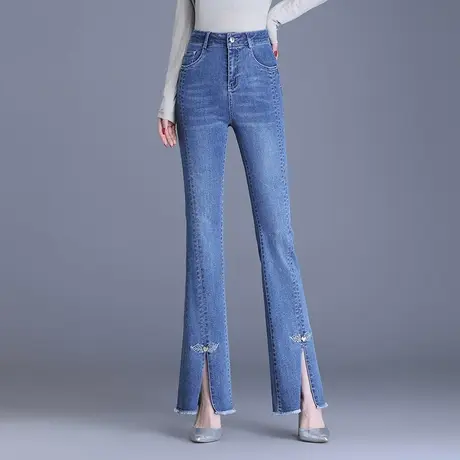 气质女士开叉牛仔裤秋款高腰修身长裤2023新款通勤微喇叭裤鱼尾裤商品大图
