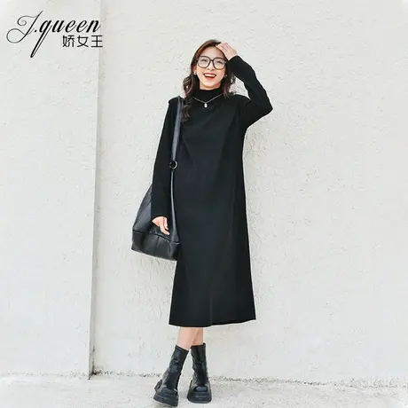 针织连衣裙女中长款春秋季新款设计感黑色半高领打底内搭长袖裙子图片