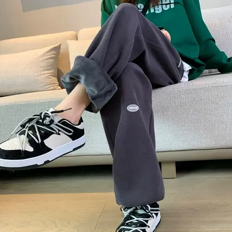 洋气灰束脚运动裤女冬季加绒卫裤2023新款加厚裤子女休闲哈伦女裤商品大图