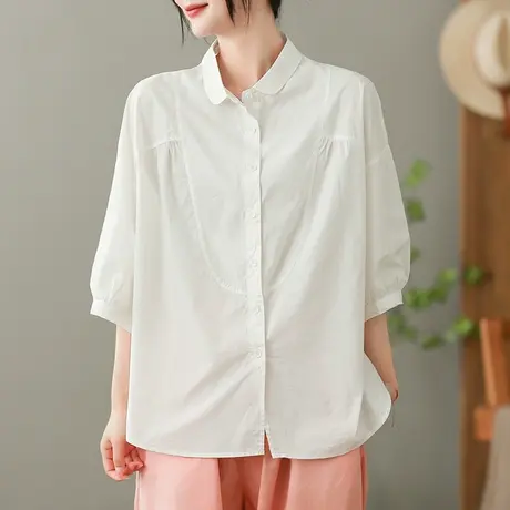 dza 文艺复古白色女士衬衫2023夏季薄款全棉衬衣气质百搭开衫上衣商品大图
