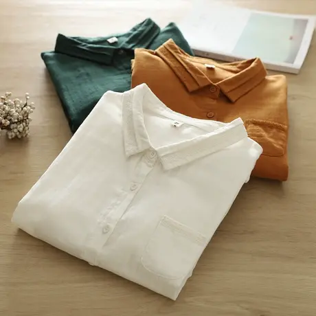 春秋日系文艺小清新蕾丝拼接双层棉纱白色长袖衬衫女学生打底上衣商品大图