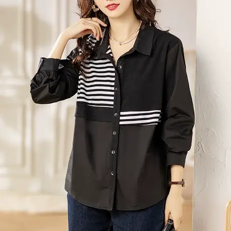 长袖衬衫女春秋新款宽松加大码女装中年妈妈休闲百搭全棉显瘦衬衣图片