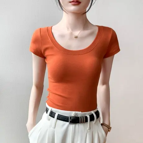 大圆领短袖T恤女2025夏季新款纯色修身显瘦正肩内搭半袖低领上衣图片