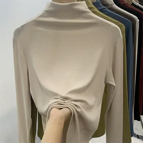 白色半高领打底衫女内搭秋冬季2023新款螺纹长袖T恤洋气修身上衣商品大图