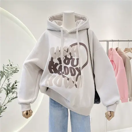 美式oversize加绒连帽卫衣女秋冬桃心字母印花慵懒休闲上衣外套商品大图