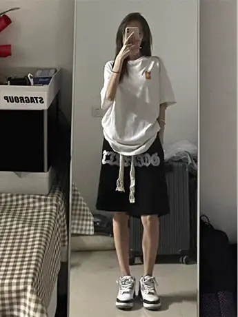 欧货白色仿棉短袖t恤女2023新款夏季小众设计感宽松潮牌正肩上衣商品大图