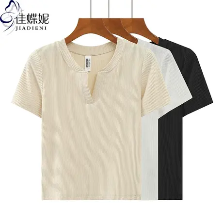 夏季新款韩版V领修身纯棉短款纯色纯欲短袖体恤上衣内搭女打底衫商品大图
