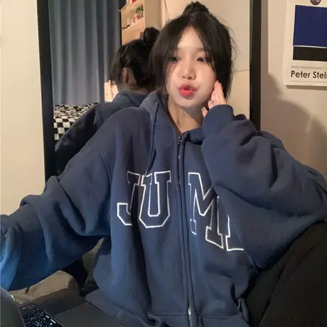 大码加绒hiphop潮牌连帽开衫卫衣女嘻哈ins情侣秋冬宽松外套上衣商品大图