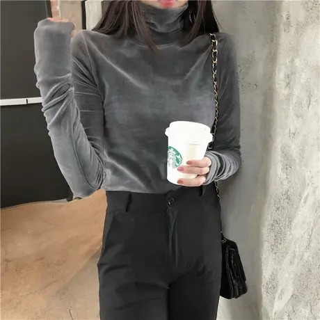 金丝绒打底衫女秋冬季加绒加厚长袖T恤保暖德绒内搭高领上衣百搭图片