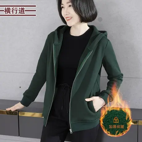 新款春装连帽加绒宽松长袖拉链休闲外套纯色黑色外搭上衣女装大码商品大图