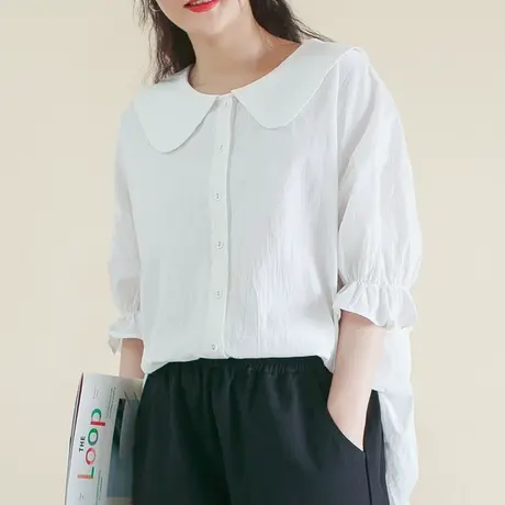 【买一送一】夏新款复古减龄少女棉质娃娃领衬衫200斤女图片