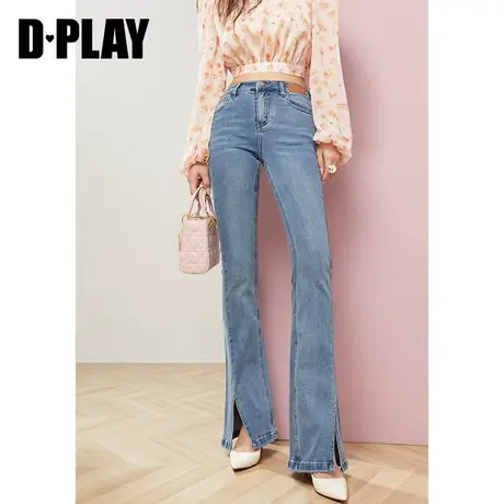 DPLAY夏新款复古港风辣妹微喇叭高腰弹力牛仔蓝开衩长裤商品大图