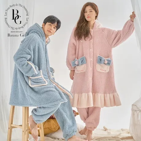 珊瑚绒睡袍女冬长款加绒加厚可爱情侣家居服套装保暖睡衣男可外穿商品大图