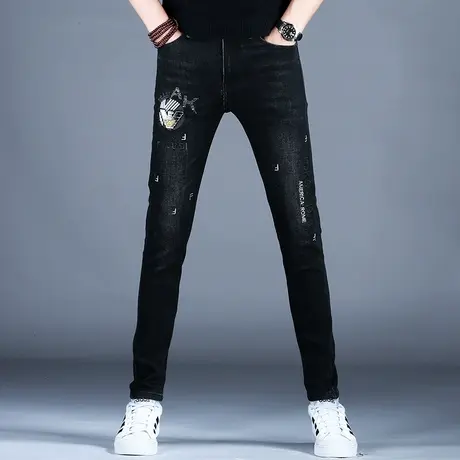 男士秋冬季厚款烫钻牛仔裤男款精致小脚裤子2023新款百搭美式高街商品大图