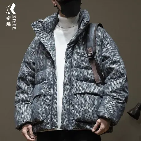 希越新国标羽绒服男冬季潮牌拼色白鸭绒外套宽松大码无帽立领棉服商品大图