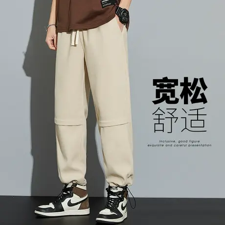 夏天冰丝男士抽绳束脚休闲裤夏季薄款阔腿美式运动2024新款男裤子商品大图
